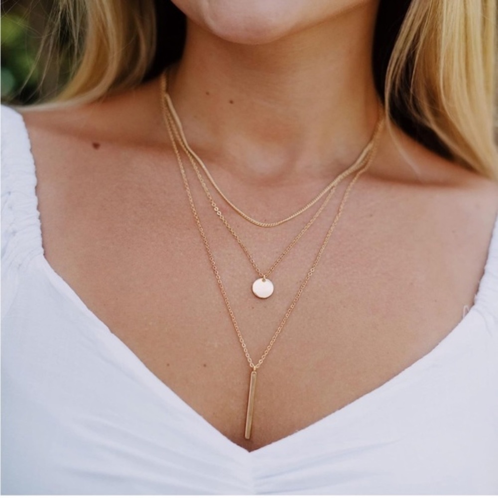 Gold 14k Gold Plated 3pc Bar & Disc Necklace Set